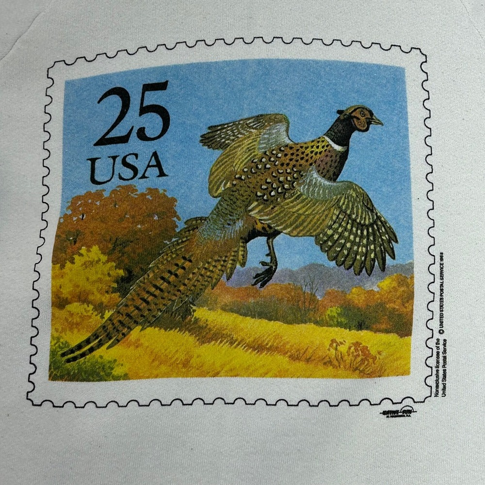 80s Vintage Pheasant Stamp Sweatshirt Mens Small USPS Pullover Crewneck White - Picture 2 of 9